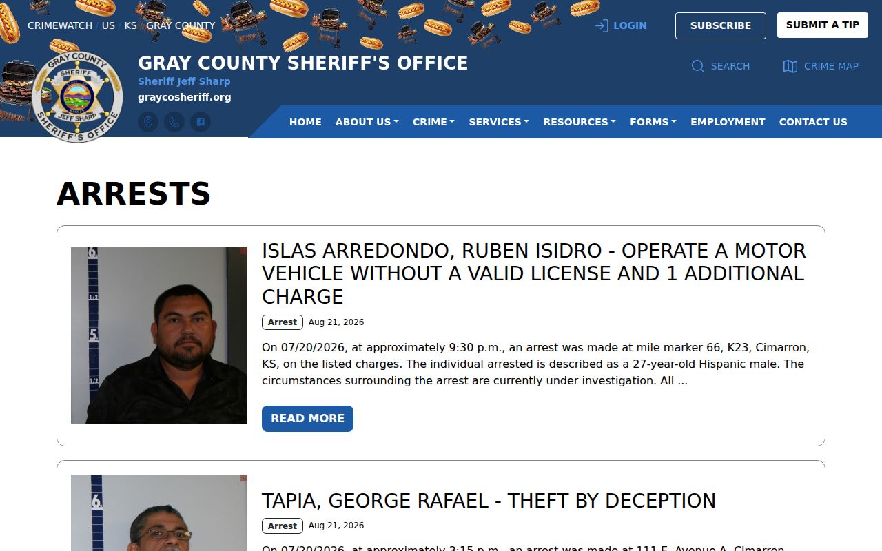 Official Gray County Sheriff recent arrest notice stream